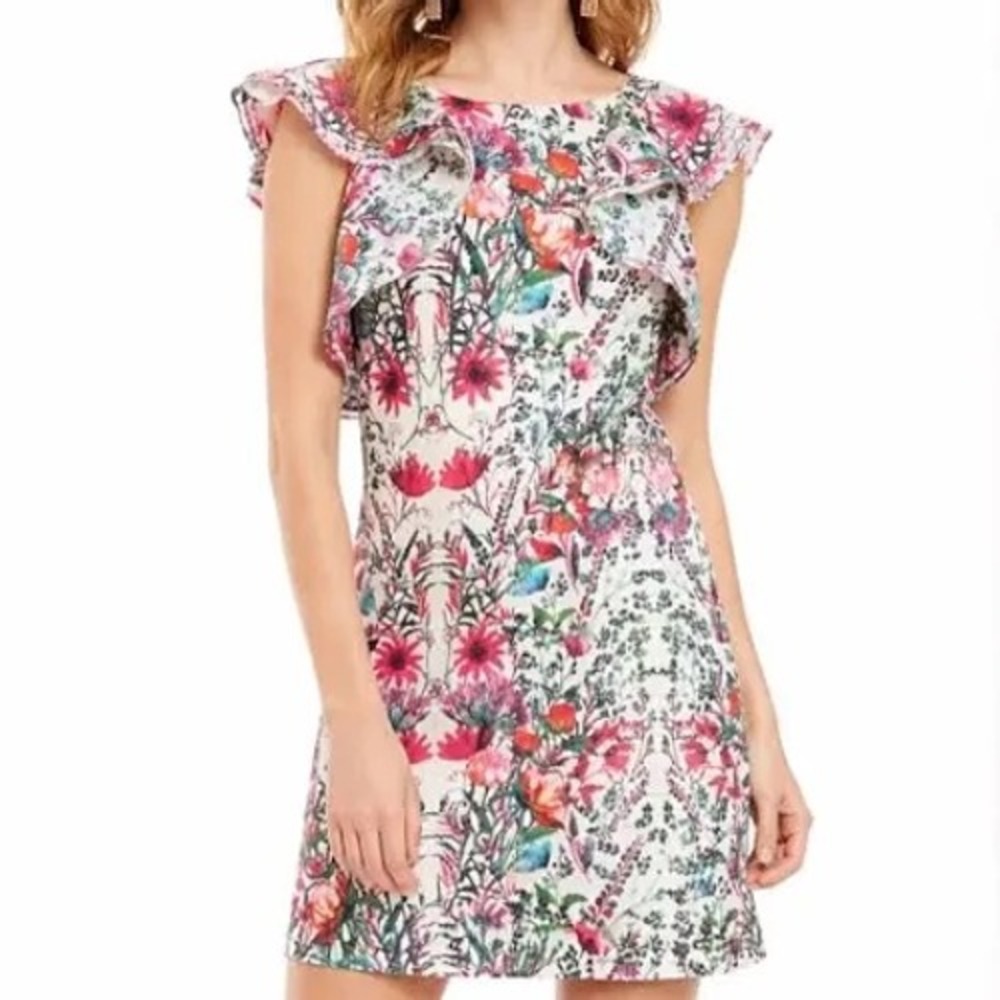 Belle Badgley Mischka Floral Flutter Sleeve Mini Dress Open Back Size 0‎